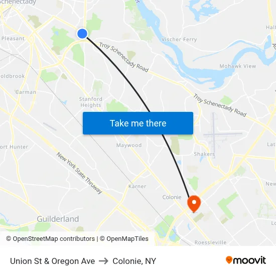 Union St & Oregon Ave to Colonie, NY map