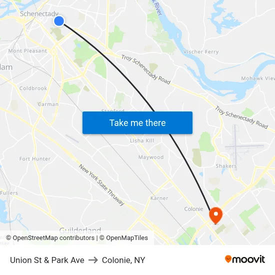 Union St & Park Ave to Colonie, NY map