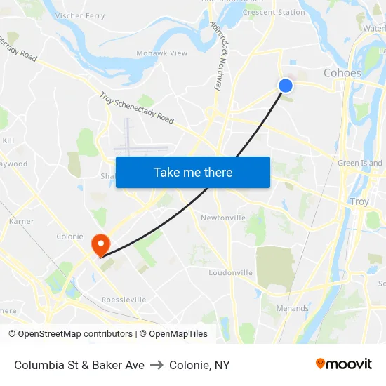 Columbia St & Baker Ave to Colonie, NY map