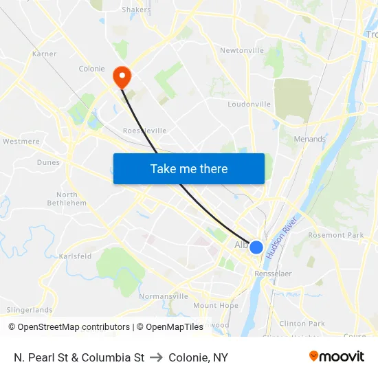 N. Pearl St & Columbia St to Colonie, NY map