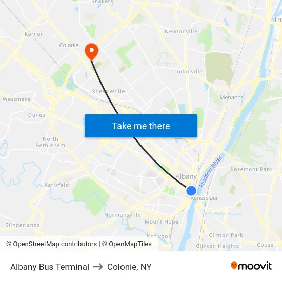 Albany Bus Terminal to Colonie, NY map