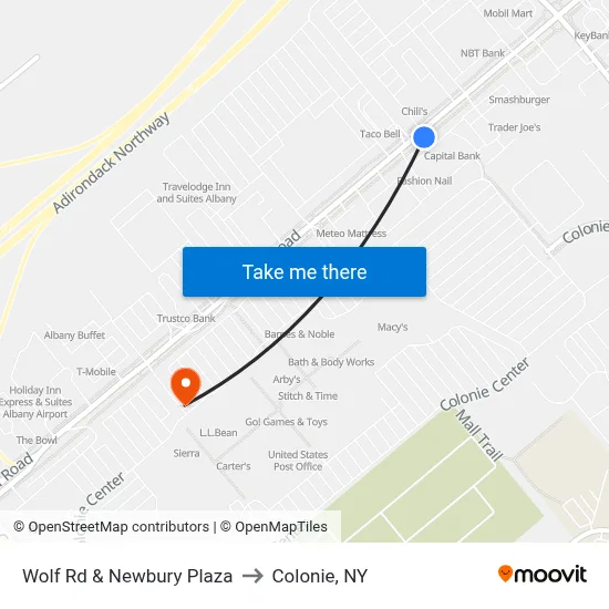 Wolf Rd & Newbury Plaza to Colonie, NY map