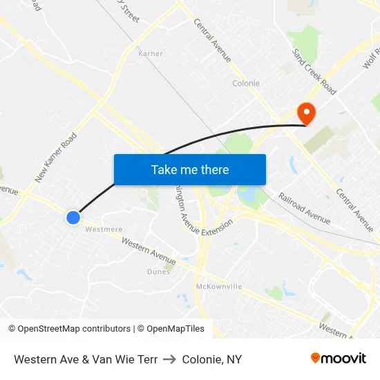 Western Ave & Van Wie Terr to Colonie, NY map