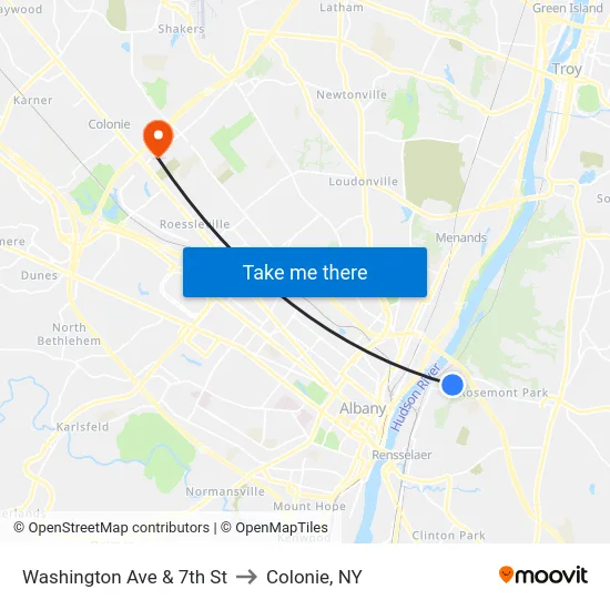 Washington Ave & 7th St to Colonie, NY map