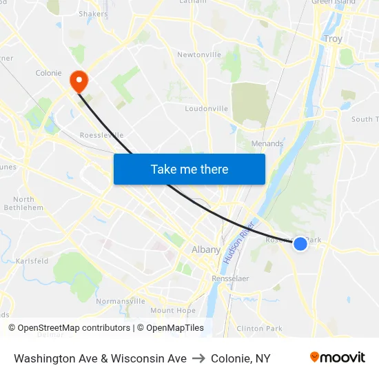 Washington Ave & Wisconsin Ave to Colonie, NY map