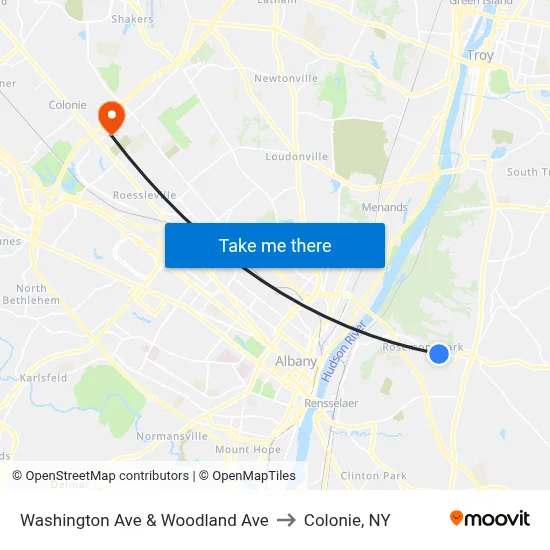 Washington Ave & Woodland Ave to Colonie, NY map