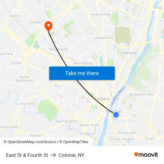 East St & Fourth St to Colonie, NY map