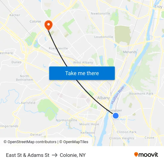 East St & Adams St to Colonie, NY map