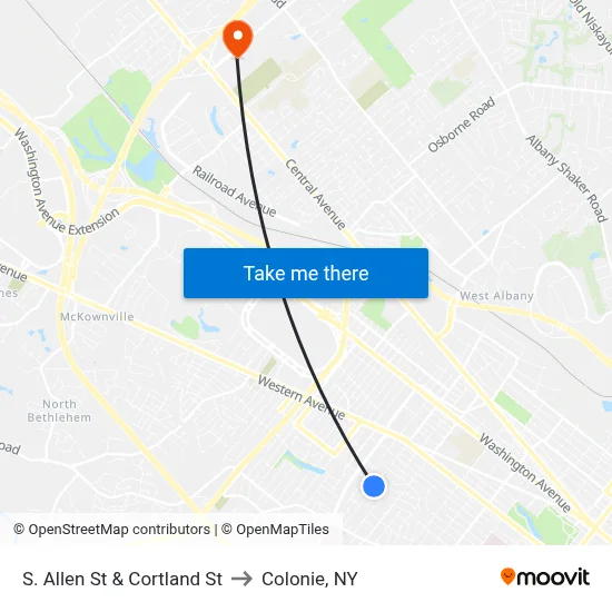 S. Allen St & Cortland St to Colonie, NY map