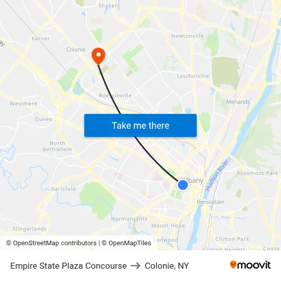 Empire State Plaza Concourse to Colonie, NY map