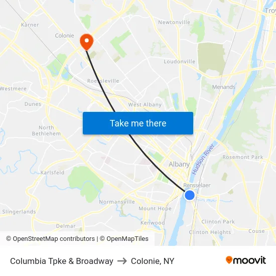 Columbia Tpke & Broadway to Colonie, NY map
