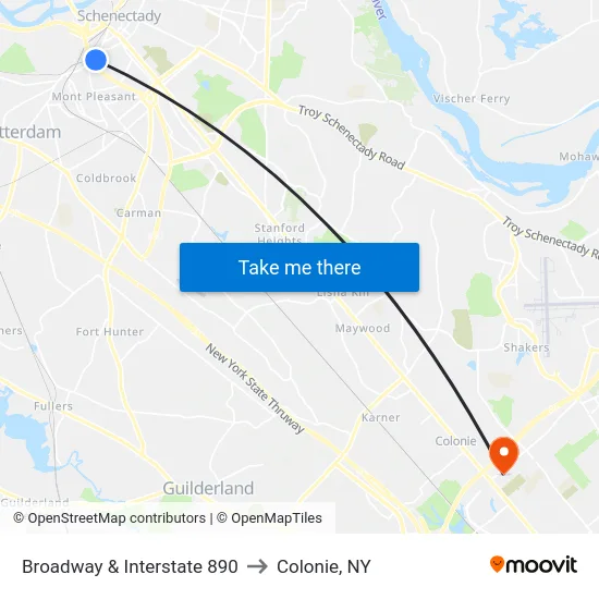 Broadway & Interstate 890 to Colonie, NY map