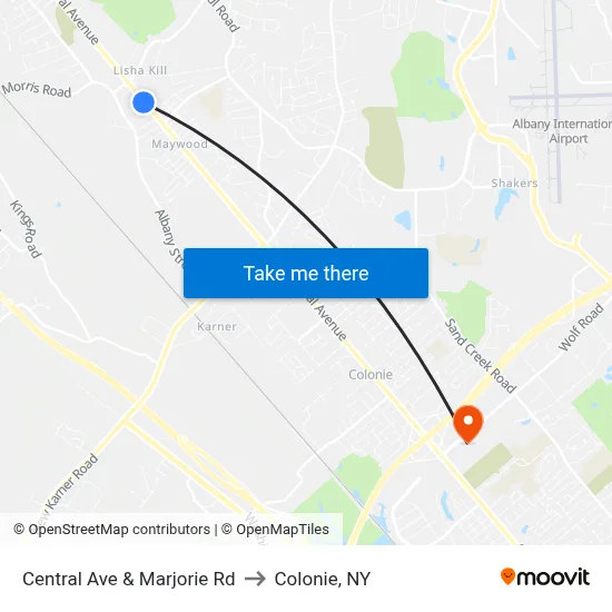Central Ave & Marjorie Rd to Colonie, NY map