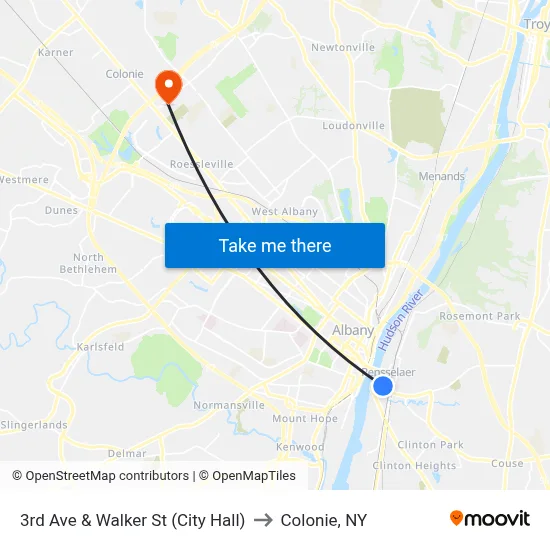 3rd Ave & Walker St (City Hall) to Colonie, NY map