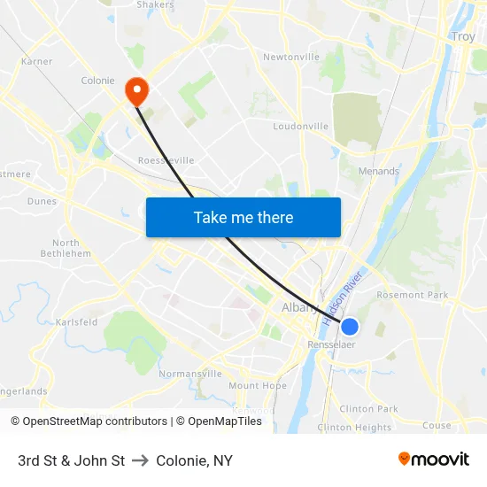 3rd St & John St to Colonie, NY map