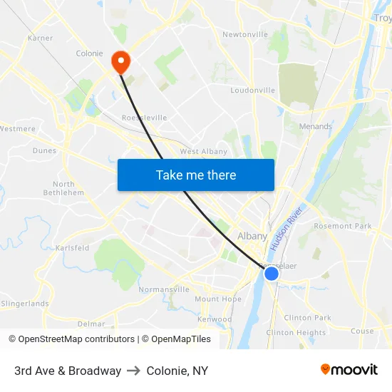 3rd Ave & Broadway to Colonie, NY map