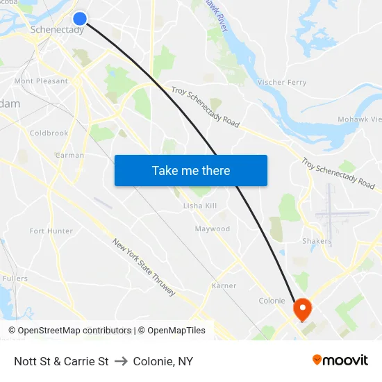 Nott St & Carrie St to Colonie, NY map