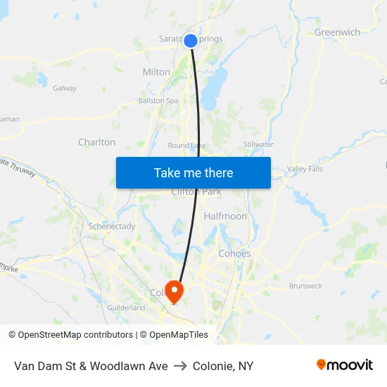 Van Dam St & Woodlawn Ave to Colonie, NY map