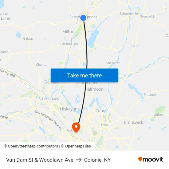Van Dam St & Woodlawn Ave to Colonie, NY map