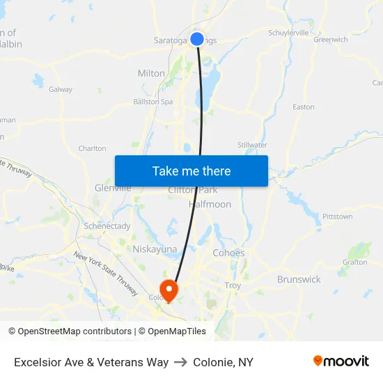 Excelsior Ave & Veterans Way to Colonie, NY map