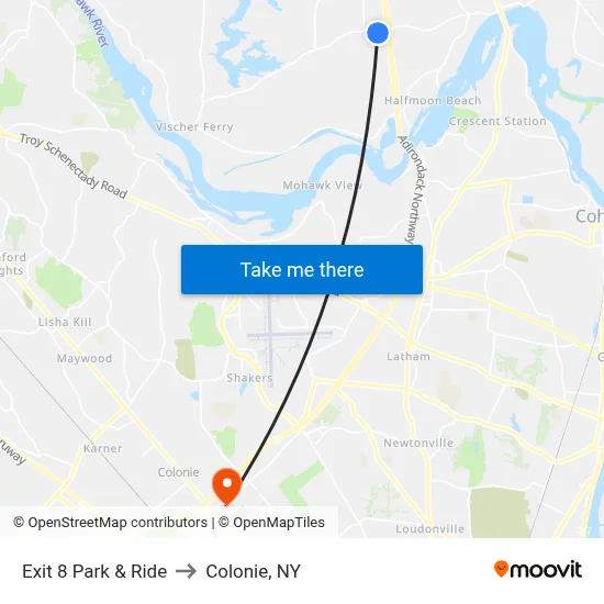 Exit 8 Park & Ride to Colonie, NY map