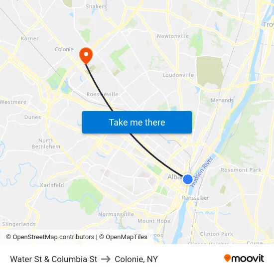 Water St & Columbia St to Colonie, NY map