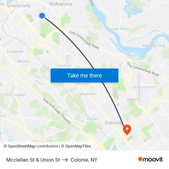 Mcclellan St & Union St to Colonie, NY map