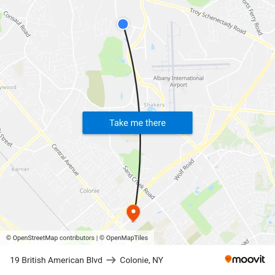 19 British American Blvd to Colonie, NY map