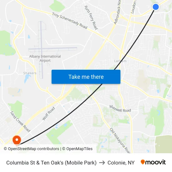 Columbia St & Ten Oak's (Mobile Park) to Colonie, NY map