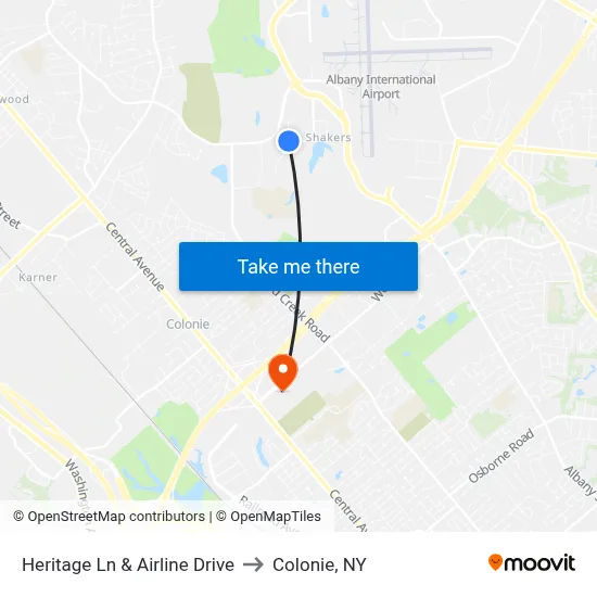 Heritage Ln & Airline Drive to Colonie, NY map