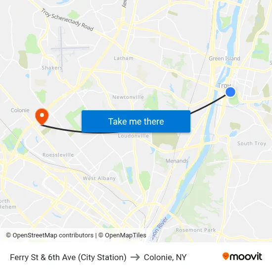 Ferry St & 6th Ave (City Station) to Colonie, NY map