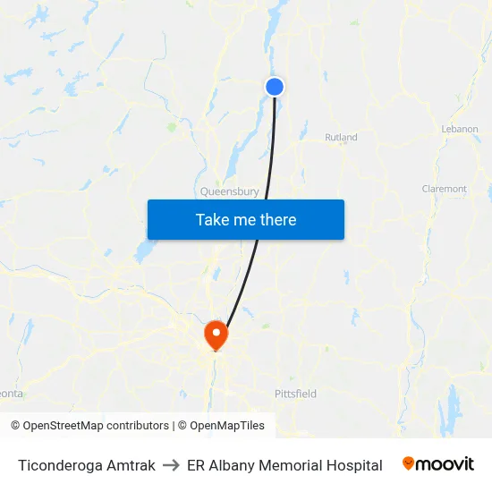 Ticonderoga Amtrak to ER Albany Memorial Hospital map