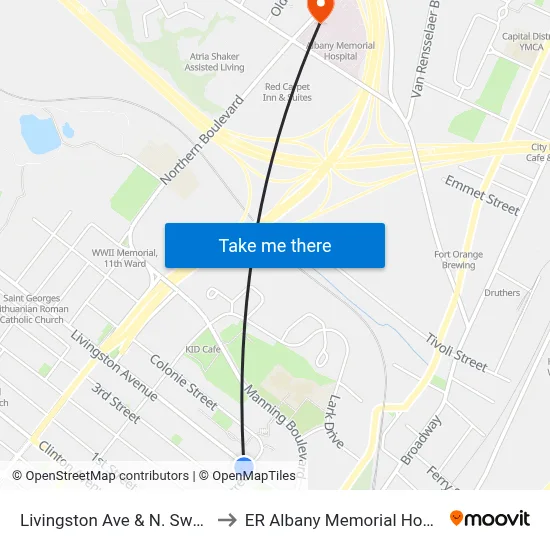 Livingston Ave & N. Swan St to ER Albany Memorial Hospital map