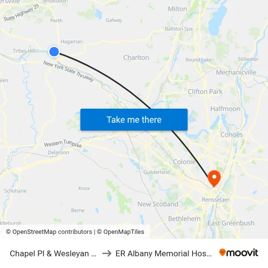 Chapel Pl & Wesleyan Ave to ER Albany Memorial Hospital map