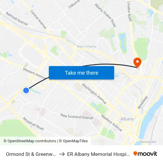 Ormond St & Greenway to ER Albany Memorial Hospital map