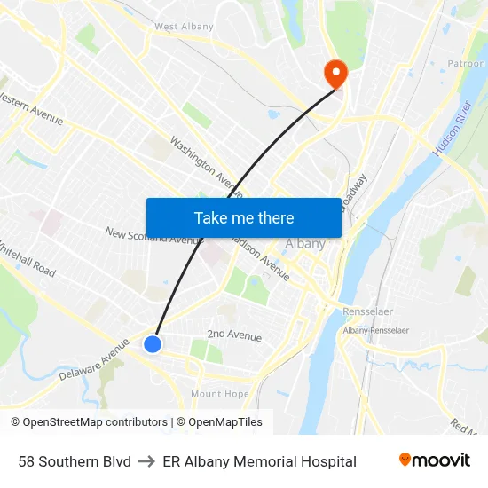 58 Southern Blvd to ER Albany Memorial Hospital map