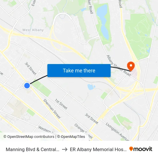 Manning Blvd & Central Ave to ER Albany Memorial Hospital map