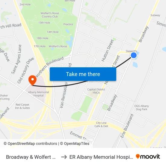Broadway & Wolfert Ave to ER Albany Memorial Hospital map