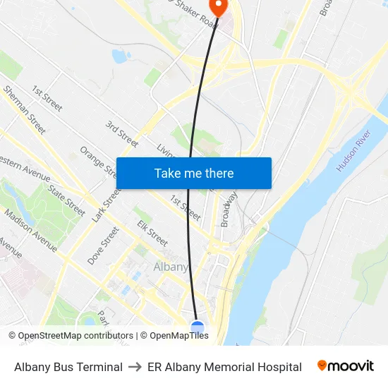 Albany Bus Terminal to ER Albany Memorial Hospital map