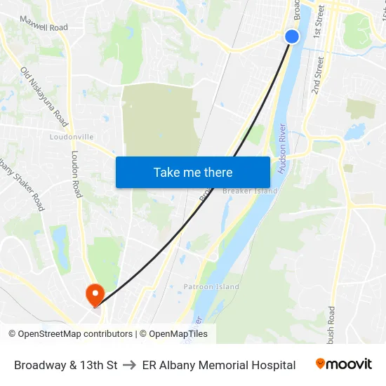 Broadway & 13th St to ER Albany Memorial Hospital map