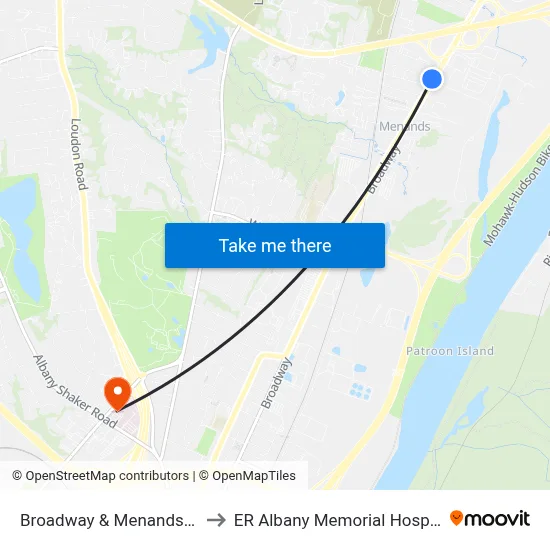 Broadway & Menands Rd to ER Albany Memorial Hospital map