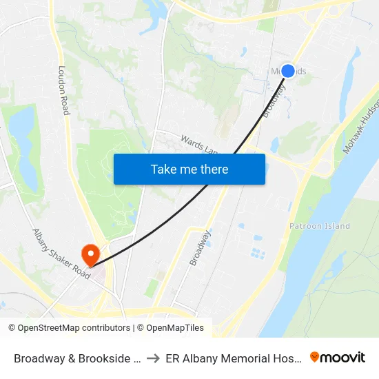 Broadway & Brookside Ave to ER Albany Memorial Hospital map