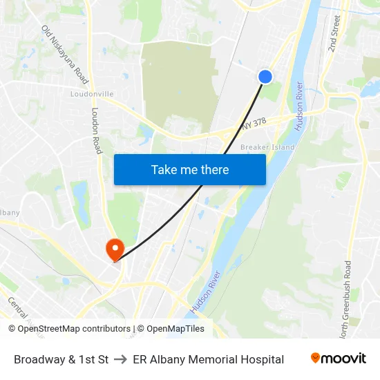 Broadway & 1st St to ER Albany Memorial Hospital map
