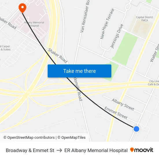 Broadway & Emmet St to ER Albany Memorial Hospital map