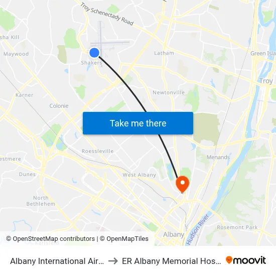 Albany International Airport to ER Albany Memorial Hospital map