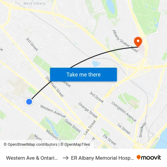 Western Ave & Ontario St to ER Albany Memorial Hospital map