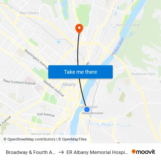 Broadway & Fourth Ave to ER Albany Memorial Hospital map
