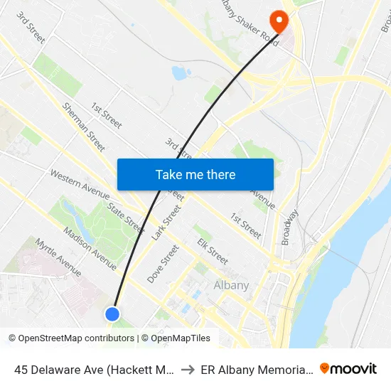 45 Delaware Ave (Hackett Middle School) to ER Albany Memorial Hospital map