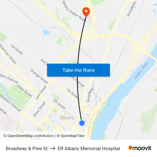 Broadway & Pine St to ER Albany Memorial Hospital map