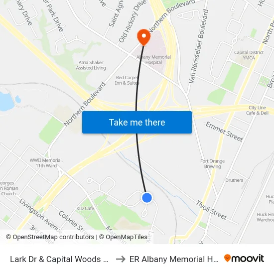 Lark Dr & Capital Woods Apts  #1 to ER Albany Memorial Hospital map